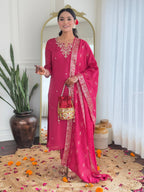 The52 Women's Viscose Silk Embroidery work Straight Kurta with Pant and Dupatta Set - Distacart