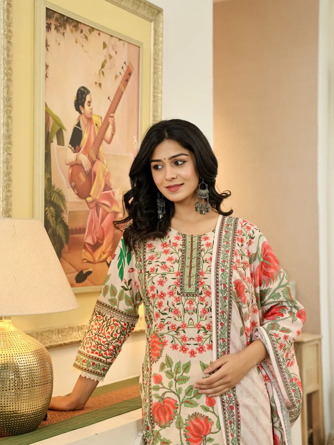 Yufta Pink Cotton Straight Floral Print Beads And Stones Lace Work Kurta Dupatta Set - Distacart