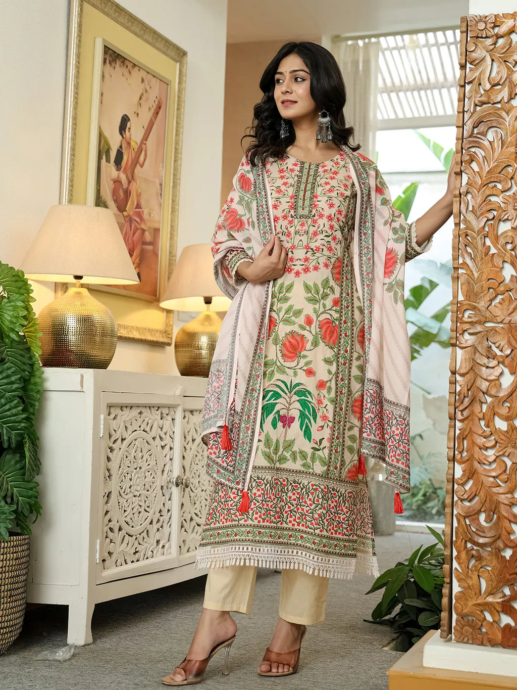 Yufta Pink Cotton Straight Floral Print Beads And Stones Lace Work Kurta Dupatta Set - Distacart
