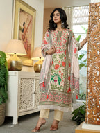 Yufta Pink Cotton Straight Floral Print Beads And Stones Lace Work Kurta Dupatta Set - Distacart