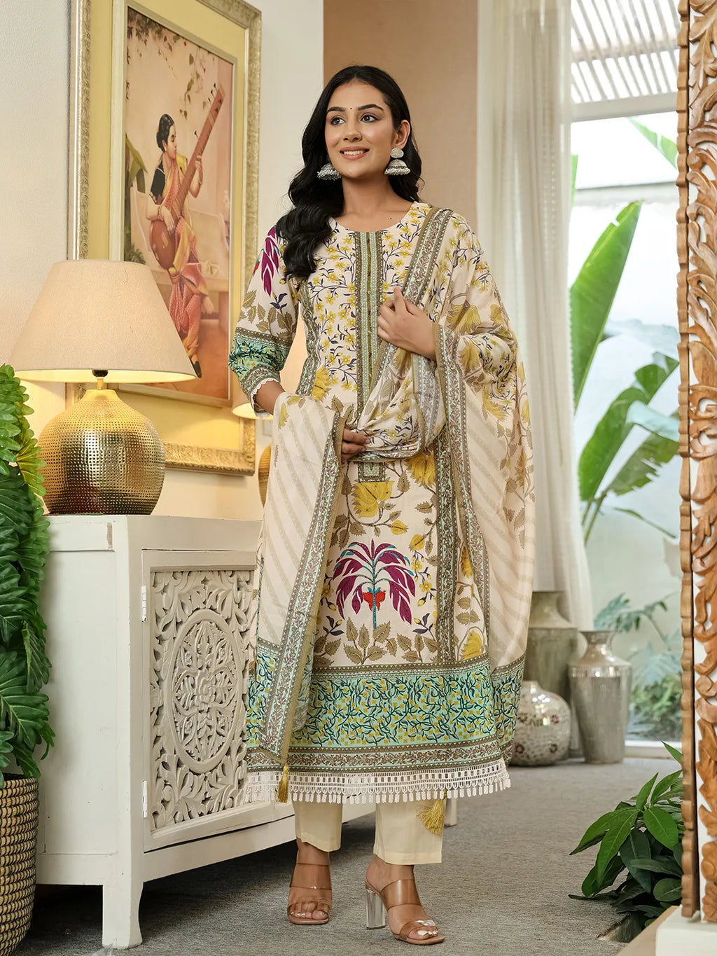 Yufta Yellow Cotton Straight Floral Print Beads And Stones Lace Work Kurta Dupatta Set - Distacart