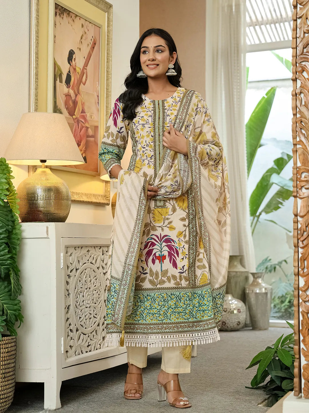 Yufta Yellow Cotton Straight Floral Print Beads And Stones Lace Work Kurta Dupatta Set - Distacart