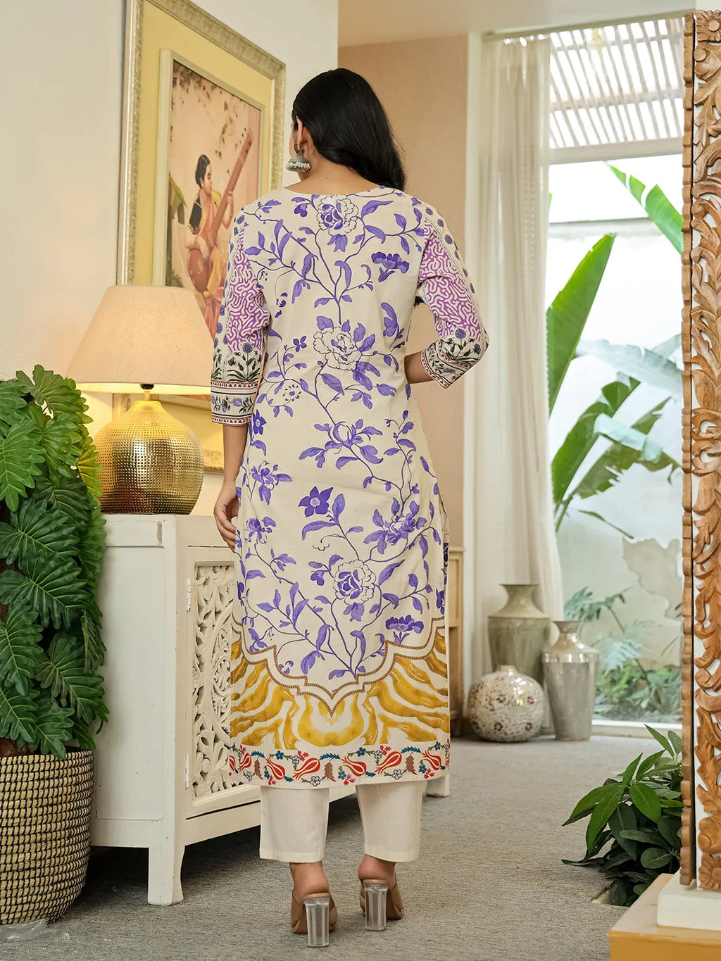 Yufta Yellow Cotton Straight Floral Print Beads And Stones Kurta Dupatta Set