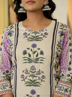 Yufta Yellow Cotton Straight Floral Print Beads And Stones Kurta Dupatta Set