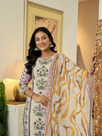 Yufta Yellow Cotton Straight Floral Print Beads And Stones Kurta Dupatta Set
