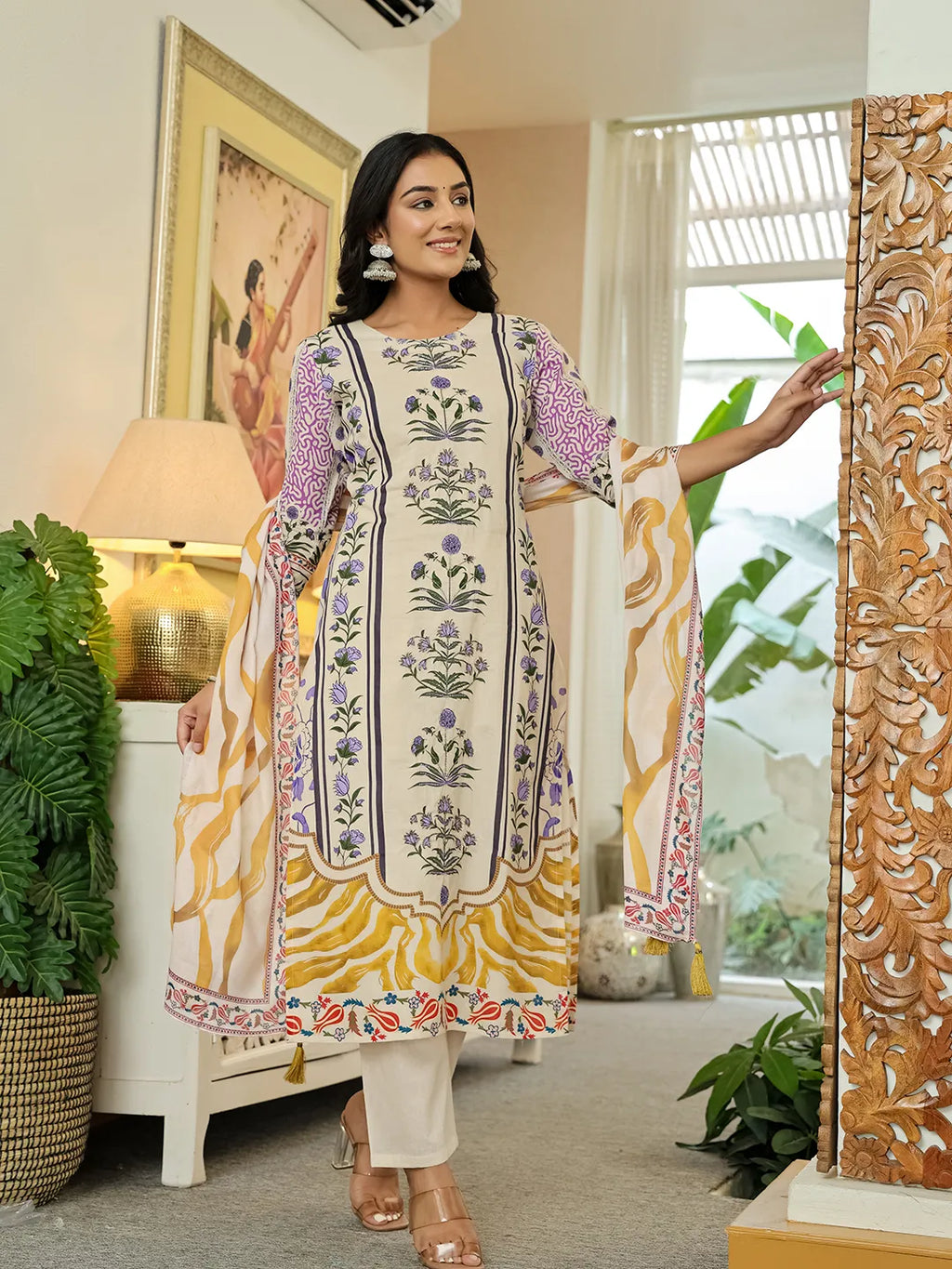 Yufta Yellow Cotton Straight Floral Print Beads And Stones Kurta Dupatta Set