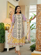 Yufta Yellow Cotton Straight Floral Print Beads And Stones Kurta Dupatta Set