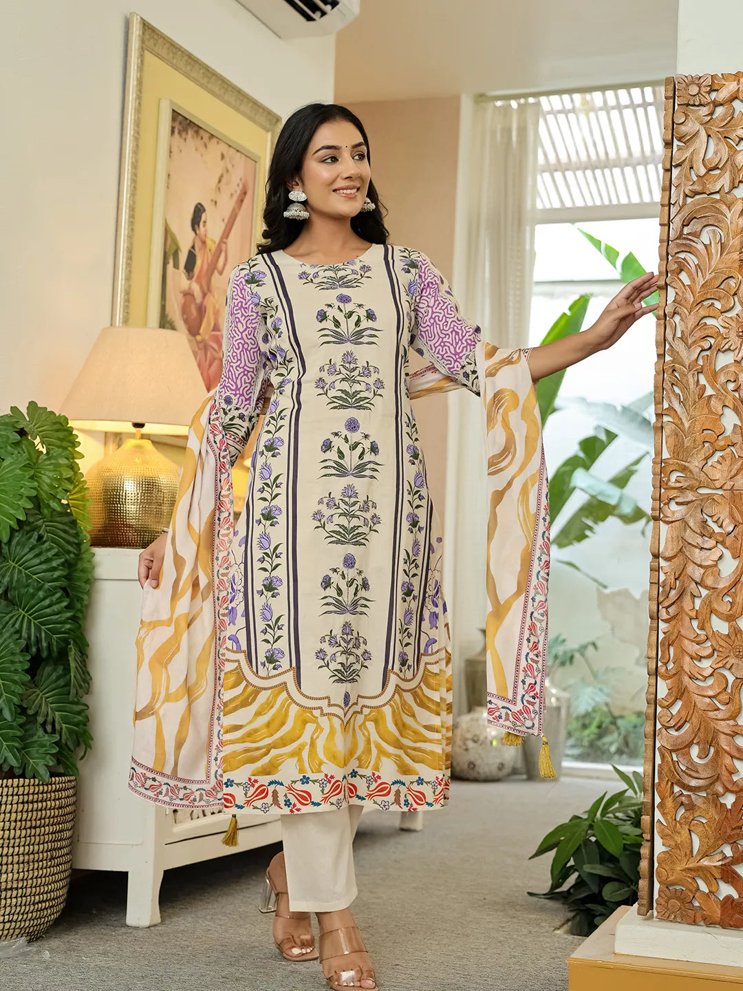 Yufta Yellow Cotton Straight Floral Print Beads And Stones Kurta Dupatta Set