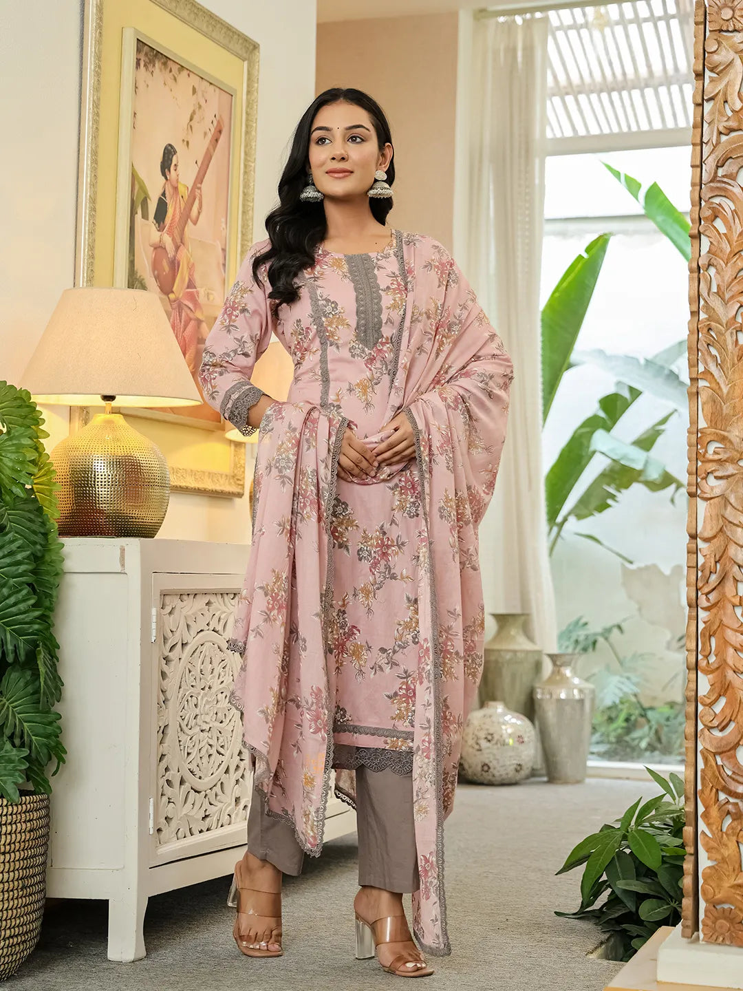 Yufta Pink Cotton Straight Lace Work Kurta Dupatta Set - Distacart
