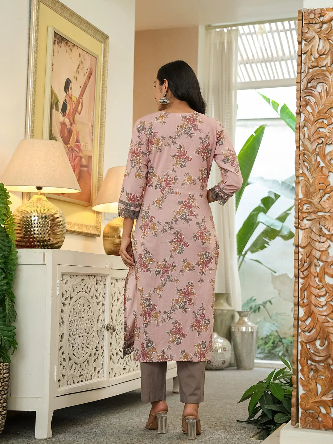Yufta Pink Cotton Straight Lace Work Kurta Dupatta Set - Distacart