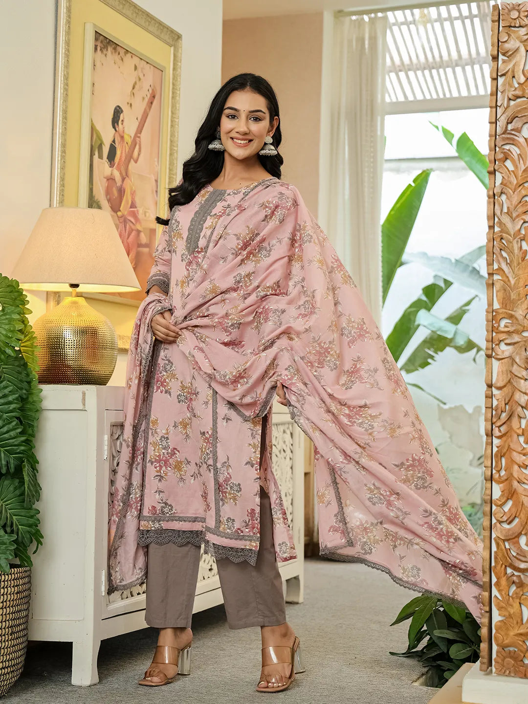 Yufta Pink Cotton Straight Lace Work Kurta Dupatta Set - Distacart
