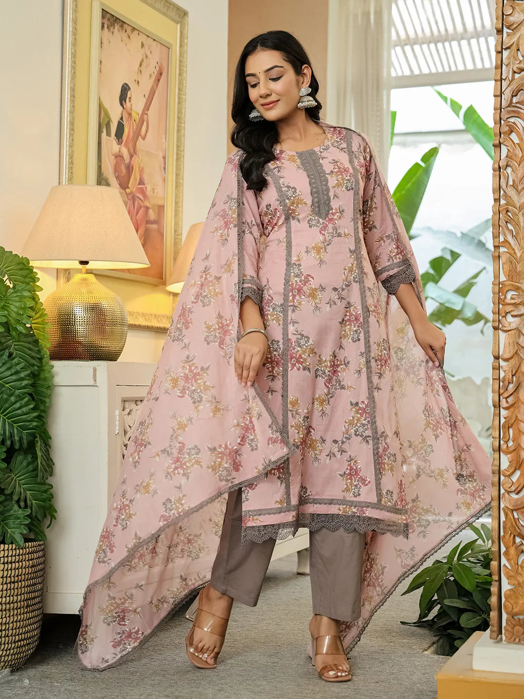 Yufta Pink Cotton Straight Lace Work Kurta Dupatta Set - Distacart