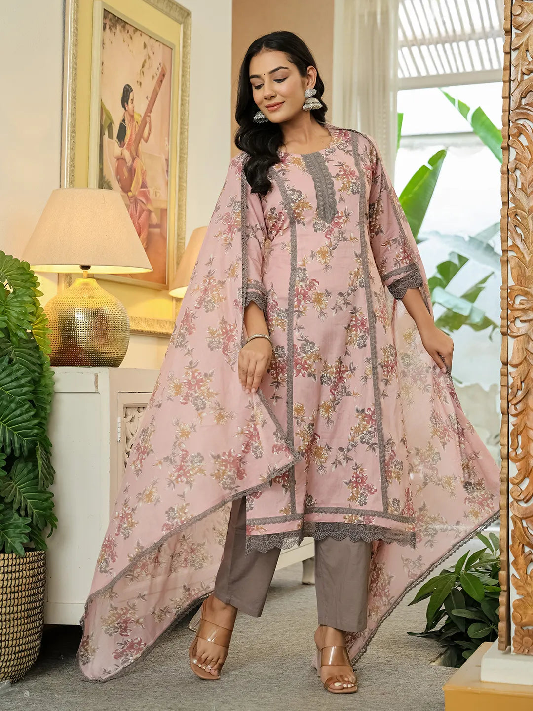 Yufta Pink Cotton Straight Lace Work Kurta Dupatta Set - Distacart
