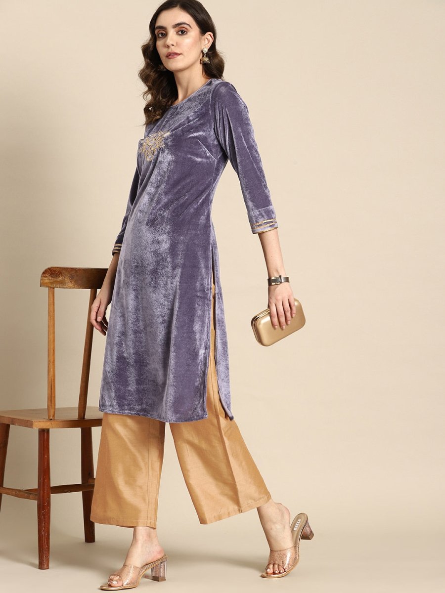All About You Women Velvet Finish Yoke Design Regular Kurta with Palazzos