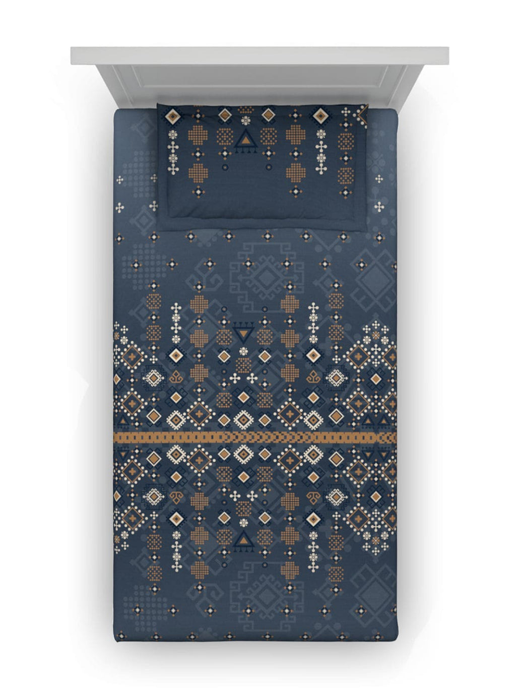 DDecor Blue & Brown Ethnic Motifs Cotton 150 TC Single Bedsheet with 1 Pillow Cover