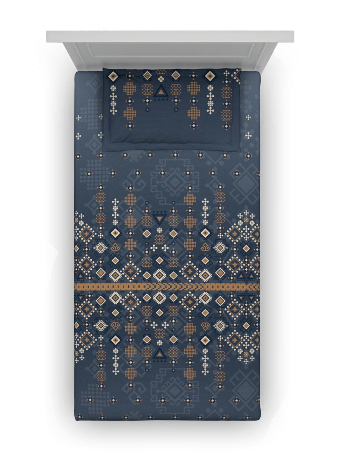 DDecor Blue & Brown Ethnic Motifs Cotton 150 TC Single Bedsheet with 1 Pillow Cover