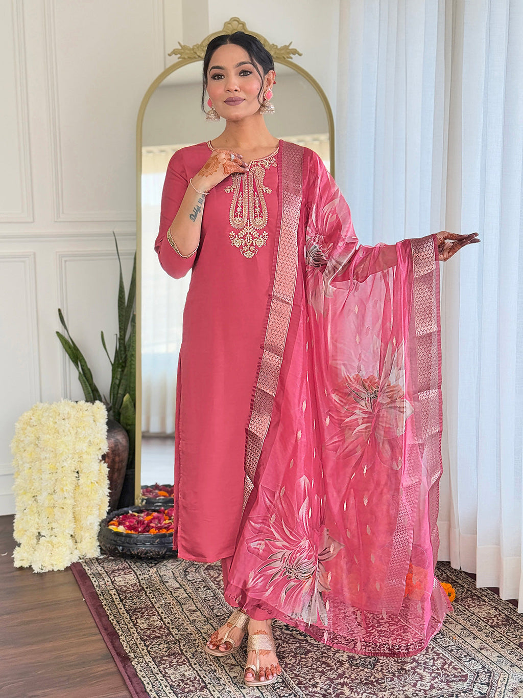 The52 Women's Chanderi Embroidery work Straight Kurta with Pant and Dupatta Set - Distacart