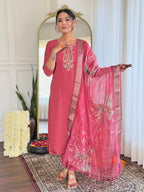 The52 Women's Chanderi Embroidery work Straight Kurta with Pant and Dupatta Set - Distacart