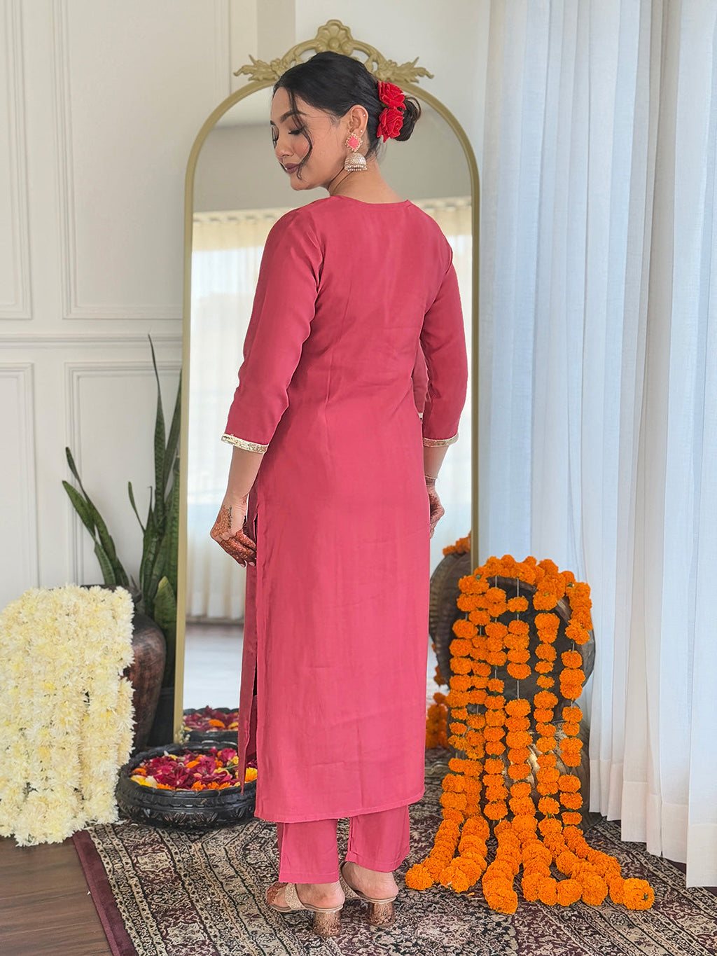 The52 Women's Chanderi Embroidery work Straight Kurta with Pant and Dupatta Set - Distacart