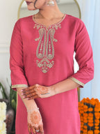 The52 Women's Chanderi Embroidery work Straight Kurta with Pant and Dupatta Set - Distacart