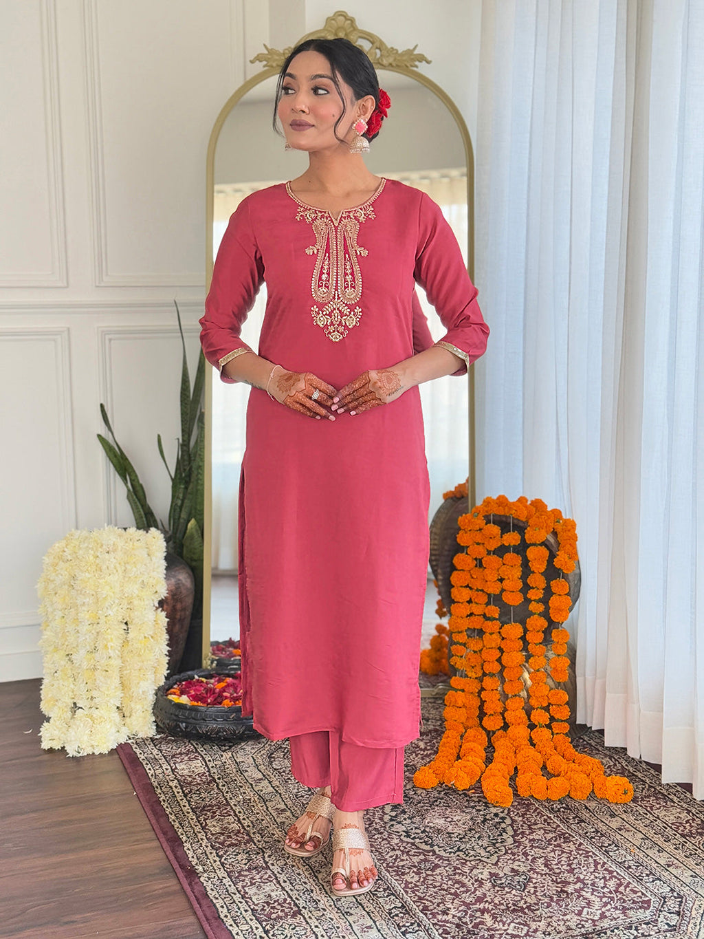 The52 Women's Chanderi Embroidery work Straight Kurta with Pant and Dupatta Set - Distacart