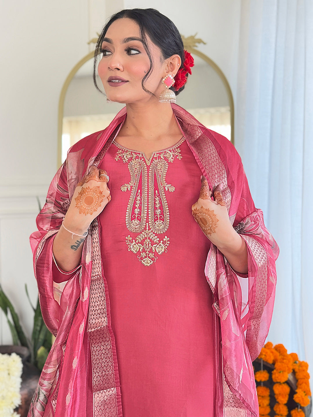 The52 Women's Chanderi Embroidery work Straight Kurta with Pant and Dupatta Set - Distacart