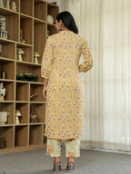 Yufta Yellow Cotton Straight Floral Sequins-Work Kurta Dupatta Set