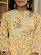 Yufta Yellow Cotton Straight Floral Sequins-Work Kurta Dupatta Set