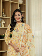 Yufta Yellow Cotton Straight Floral Sequins-Work Kurta Dupatta Set