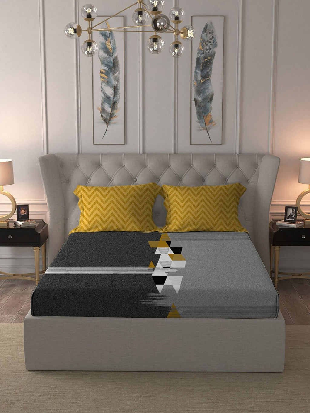 MYTRIDENT Grey Melange White Geometric Cotton 144 TC Queen Bedsheet With 2 Pillow Covers - Distacart