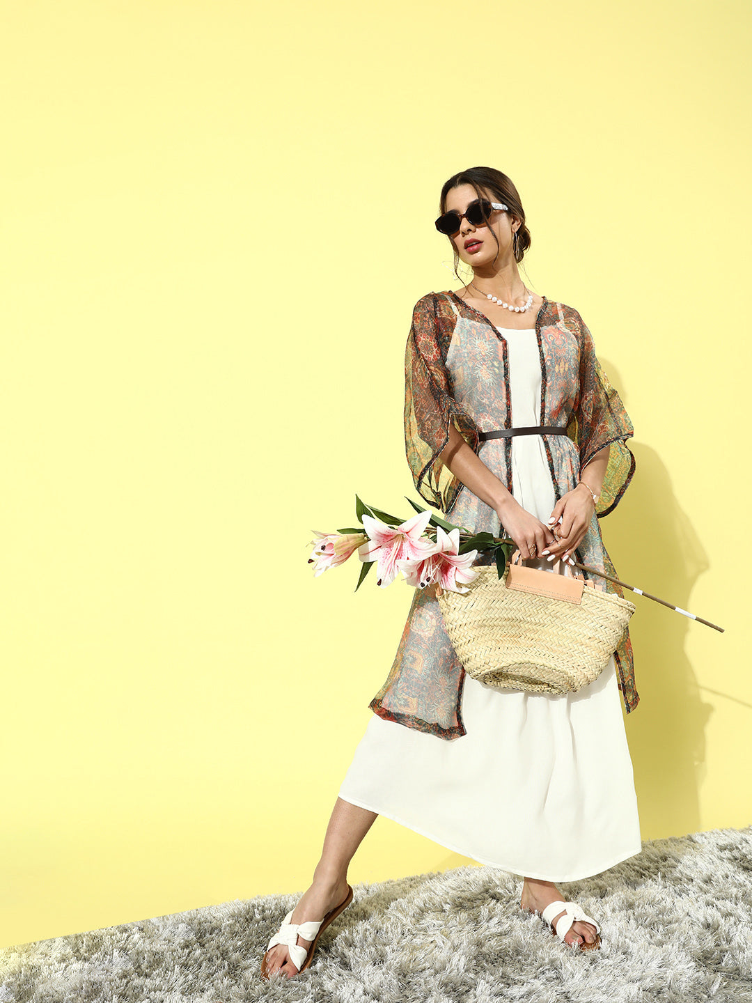 InWeave Cream - Multi Colour Organza Cape Set - Distacart
