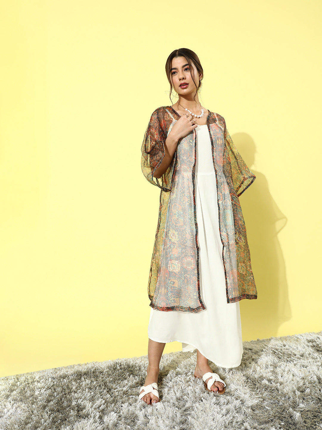 InWeave Cream - Multi Colour Organza Cape Set - Distacart