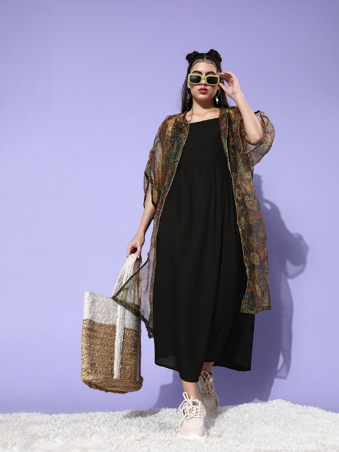 InWeave Black - Multi Print Organza Cape Set - Distacart