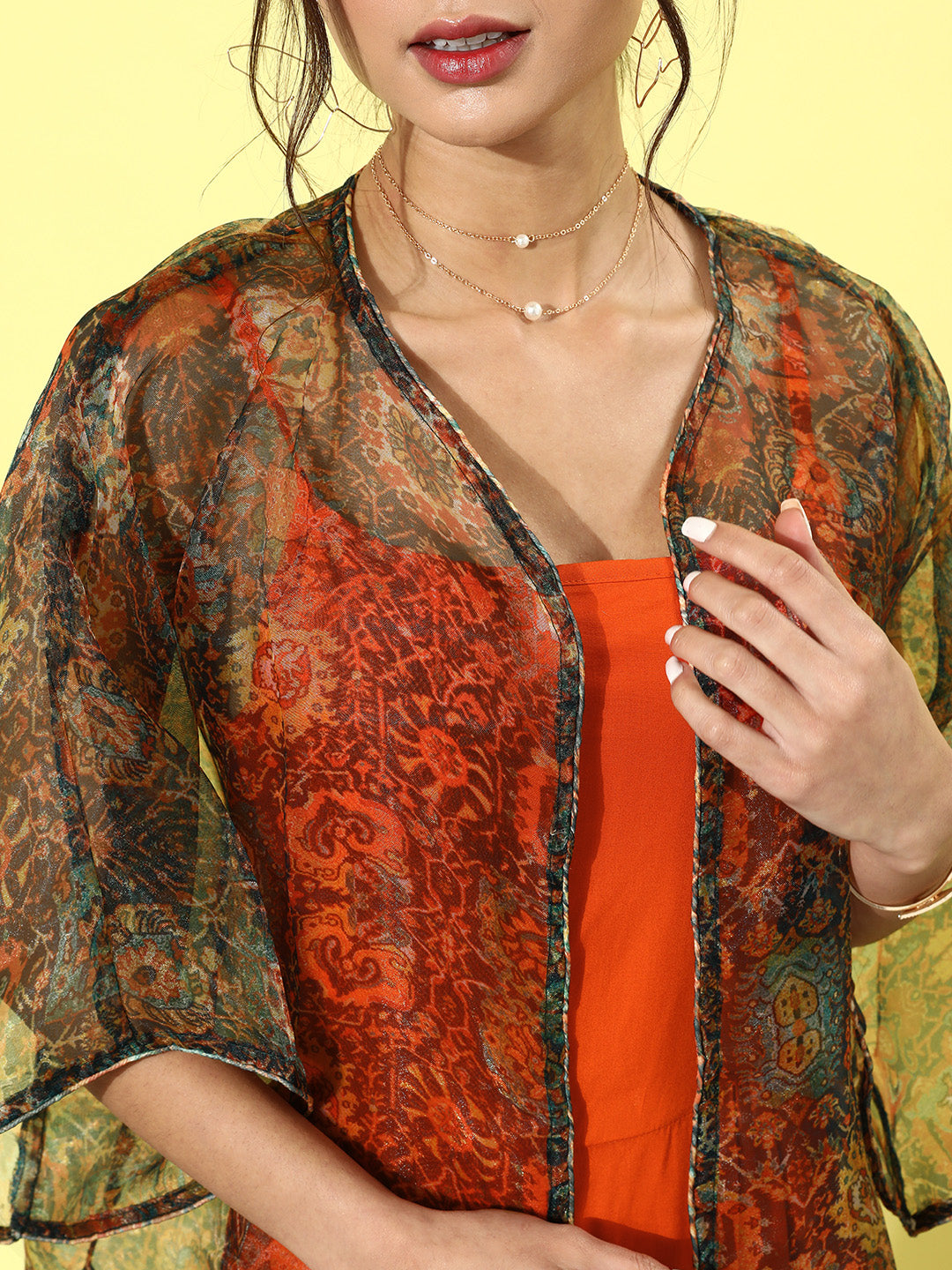 InWeave Orange - Multi Printed Organza Cape Set - Distacart