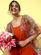 InWeave Orange Floral Printed Organza Cape Set - Distacart