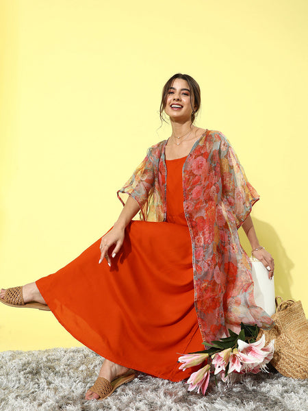 InWeave Orange Floral Printed Organza Cape Set