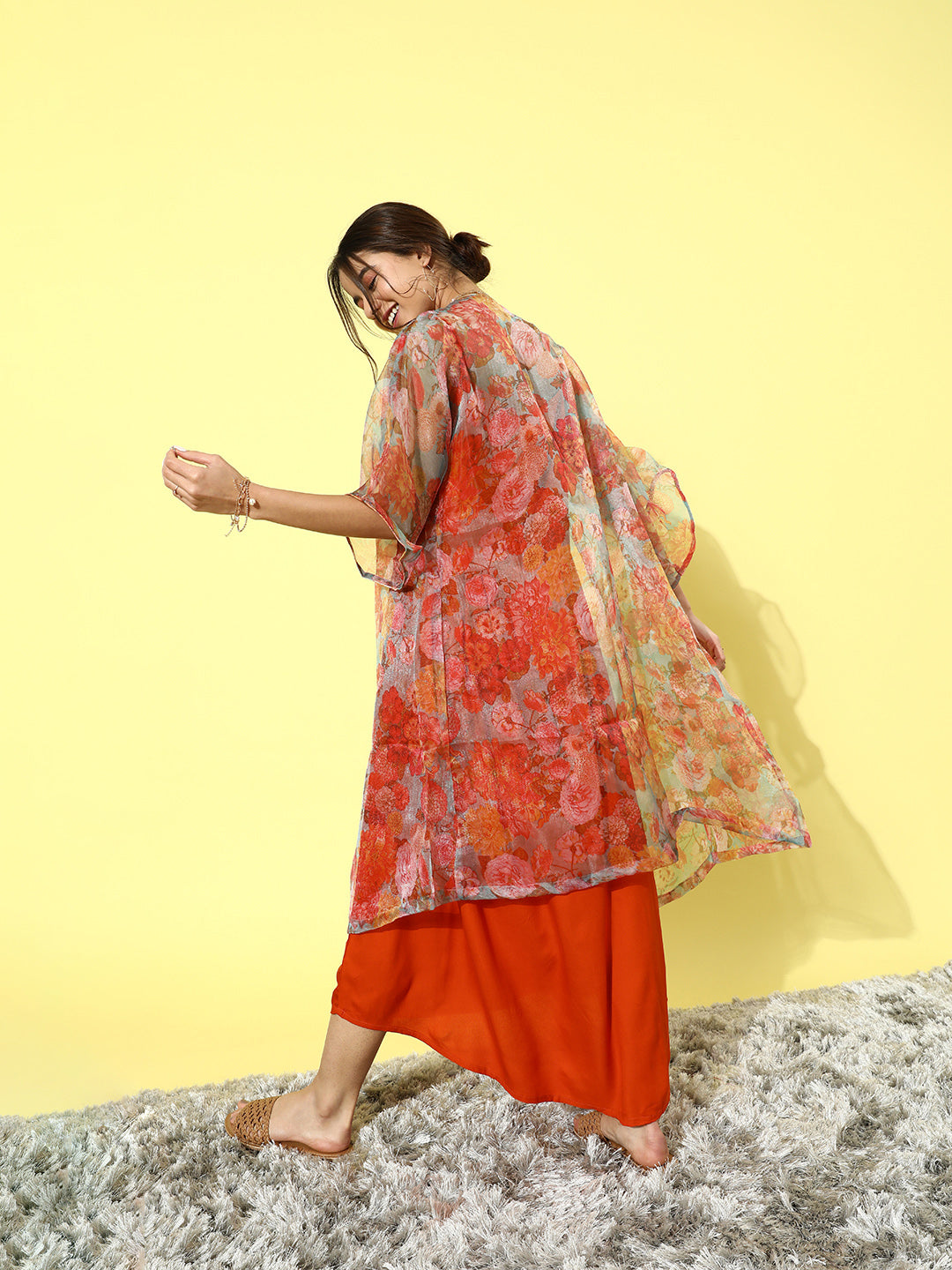 InWeave Orange Floral Printed Organza Cape Set - Distacart
