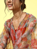 InWeave Orange Floral Printed Organza Cape Set - Distacart