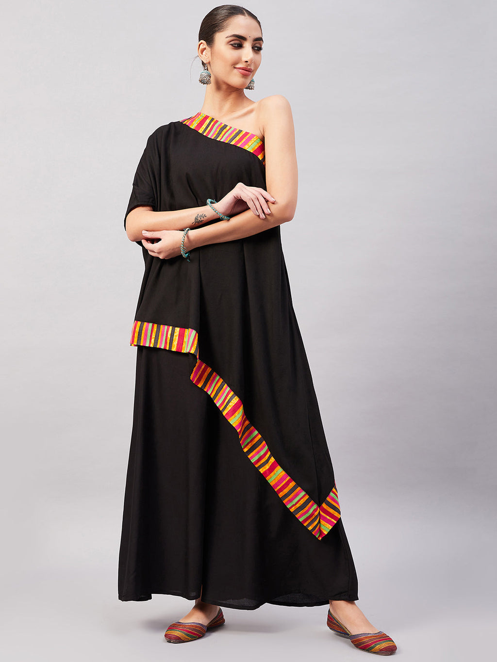 InWeave Women's Black Multi Striped One Shoulder Kurta Set