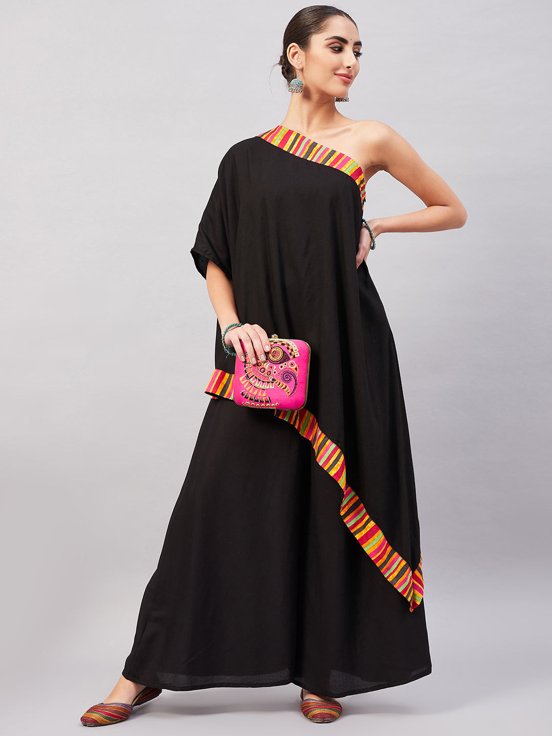 InWeave Women's Black Multi Striped One Shoulder Kurta Set