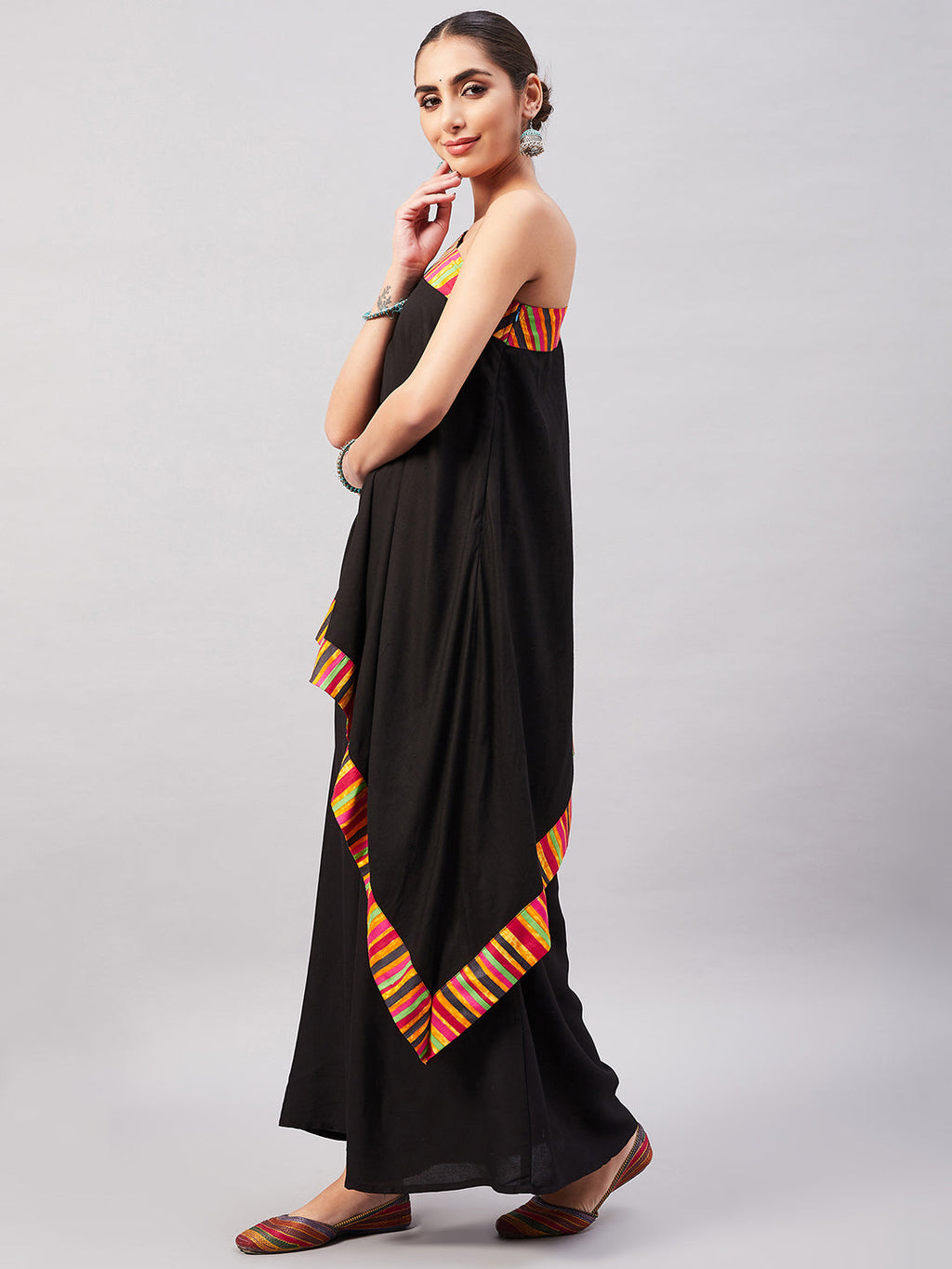 InWeave Women's Black Multi Striped One Shoulder Kurta Set