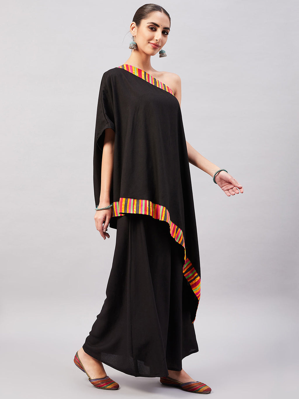InWeave Women's Black Multi Striped One Shoulder Kurta Set