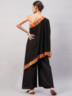 InWeave Women's Black Multi Striped One Shoulder Kurta Set