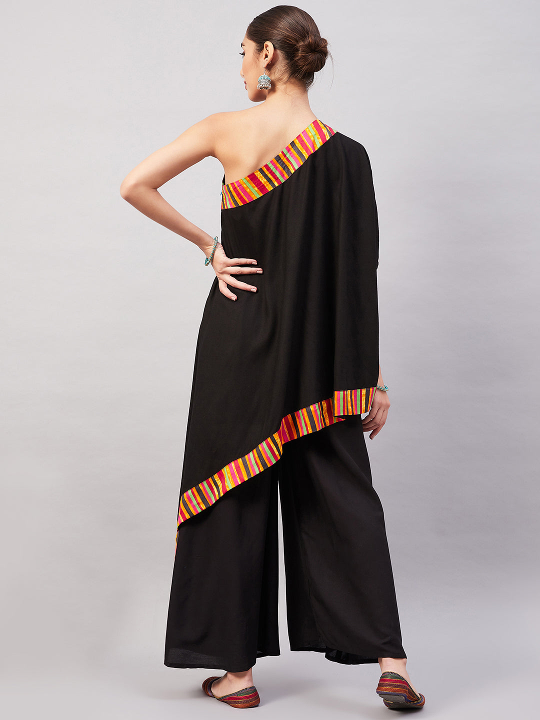 InWeave Women's Black Multi Striped One Shoulder Kurta Set