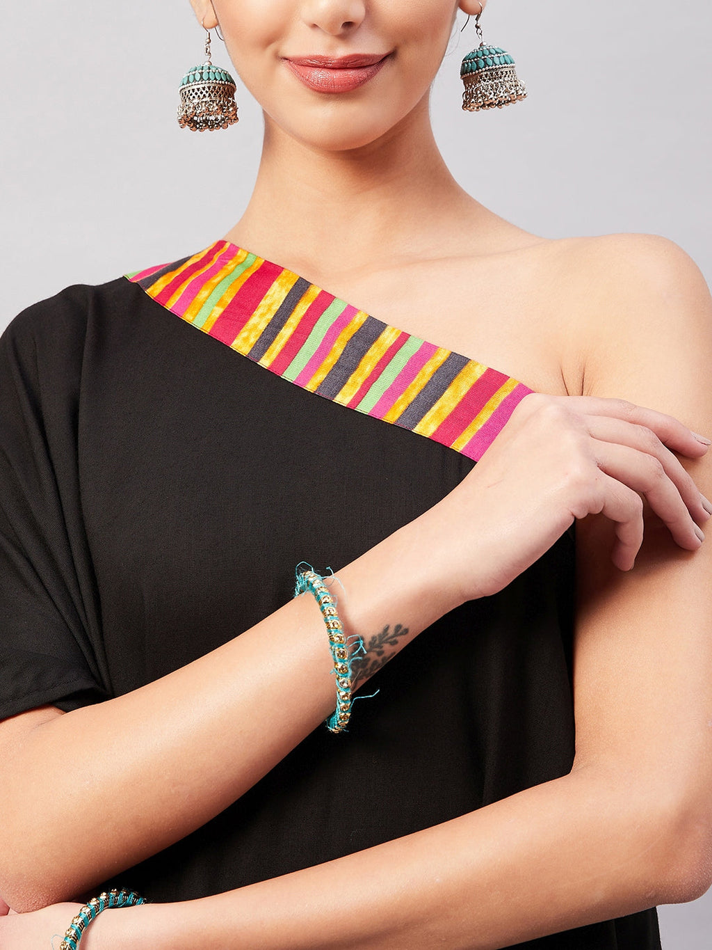 InWeave Women's Black Multi Striped One Shoulder Kurta Set