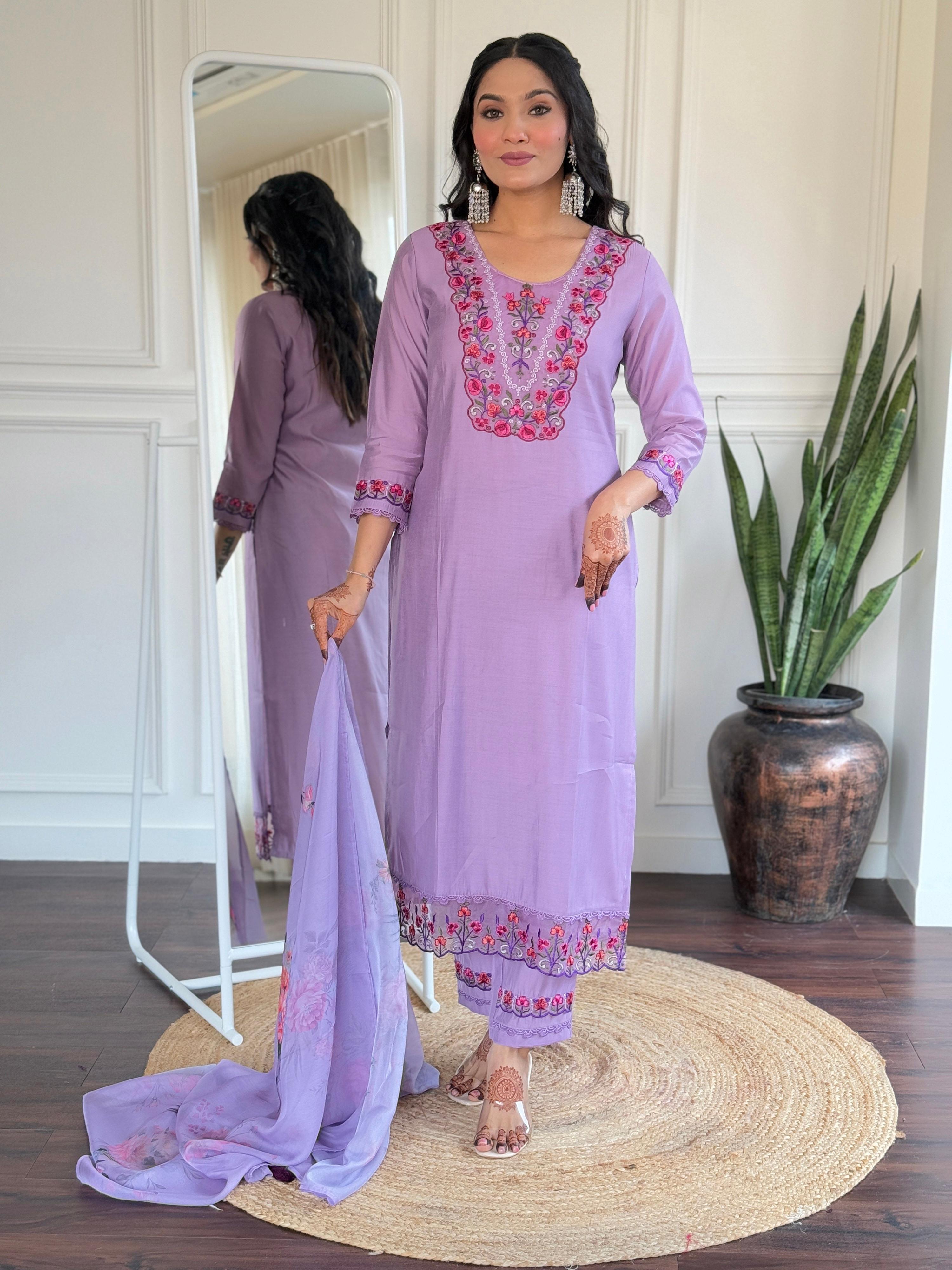 The52 Beautiful Women's Thread work Viscose Fabric Straight Kurta, Pant and Dupatta Set - Distacart