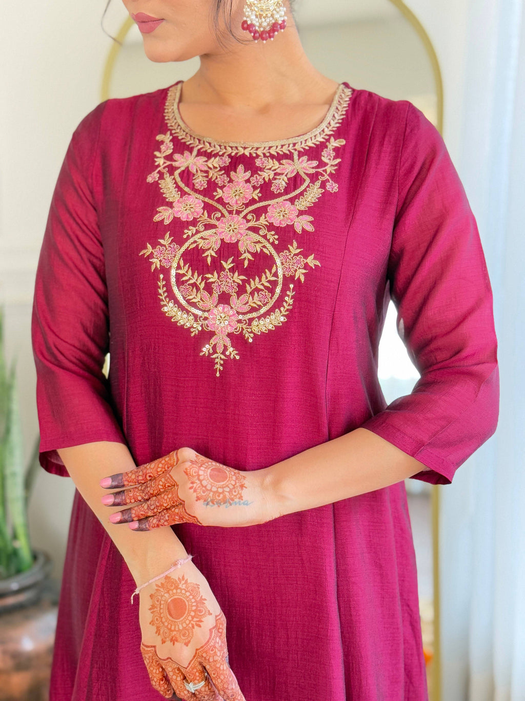The52 Embroidery Work with Vichitra Silk Fabric A-line Kurta, Pant and Dupatta Set - Distacart