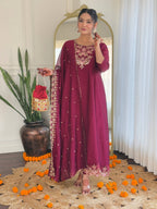 The52 Embroidery Work with Vichitra Silk Fabric A-line Kurta, Pant and Dupatta Set - Distacart