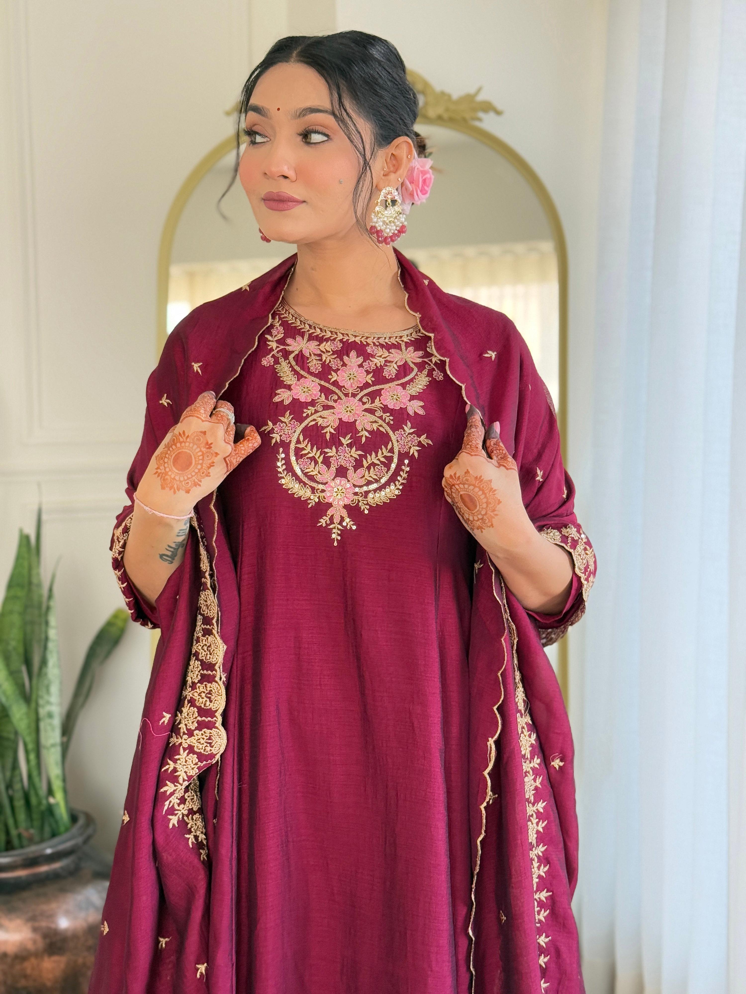 The52 Embroidery Work with Vichitra Silk Fabric A-line Kurta, Pant and Dupatta Set - Distacart