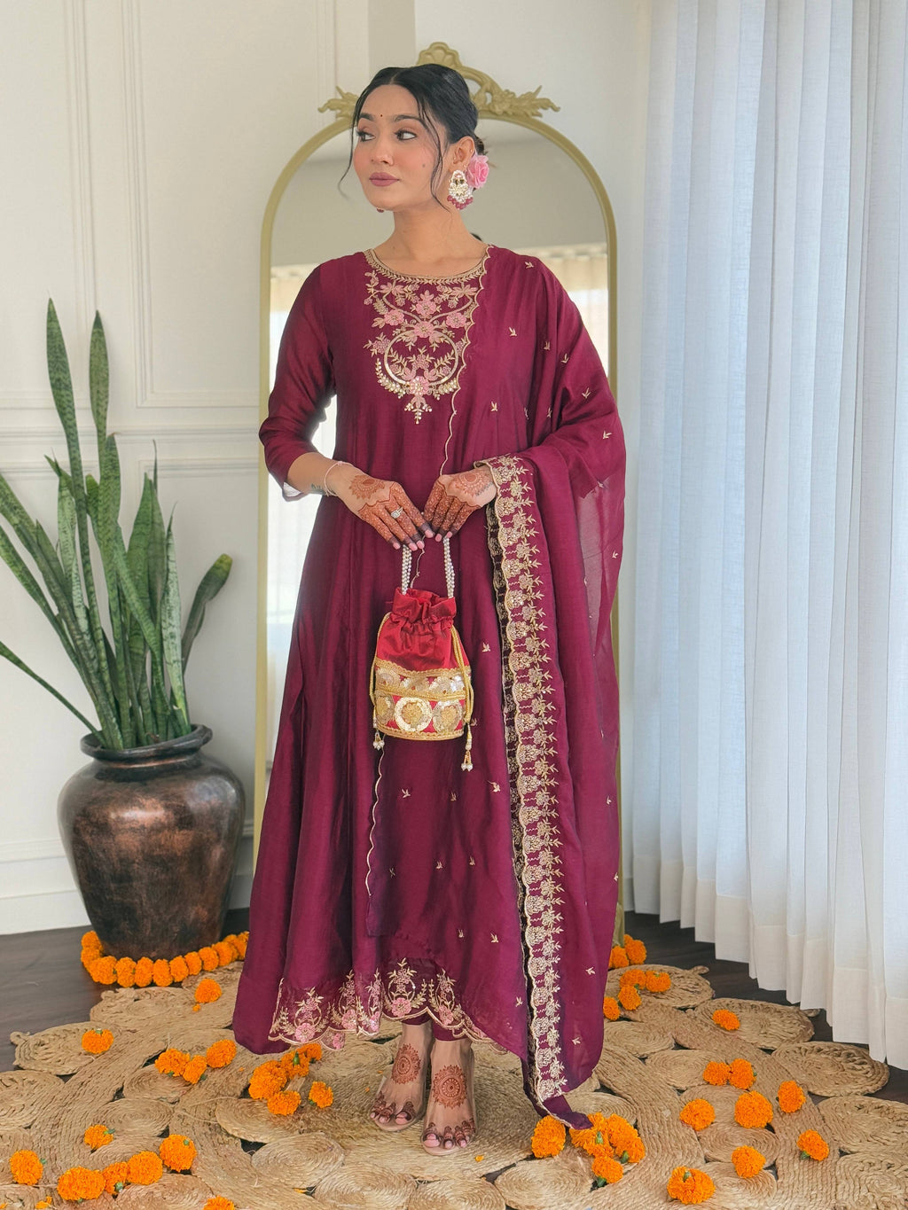 The52 Embroidery Work with Vichitra Silk Fabric A-line Kurta, Pant and Dupatta Set - Distacart